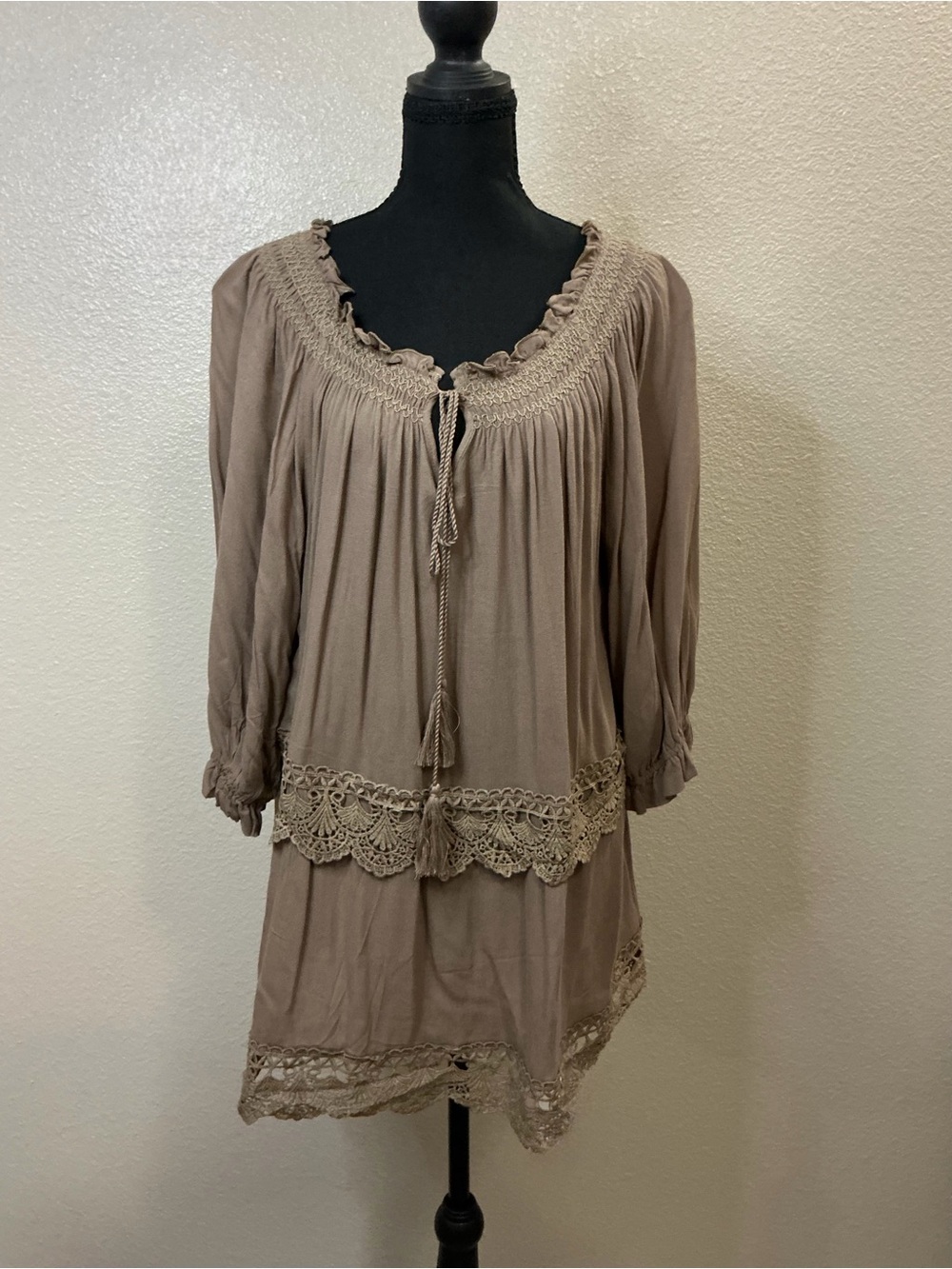 Boho Smocked Scoop-Neck Tunic with Crochet Hem in Taupe